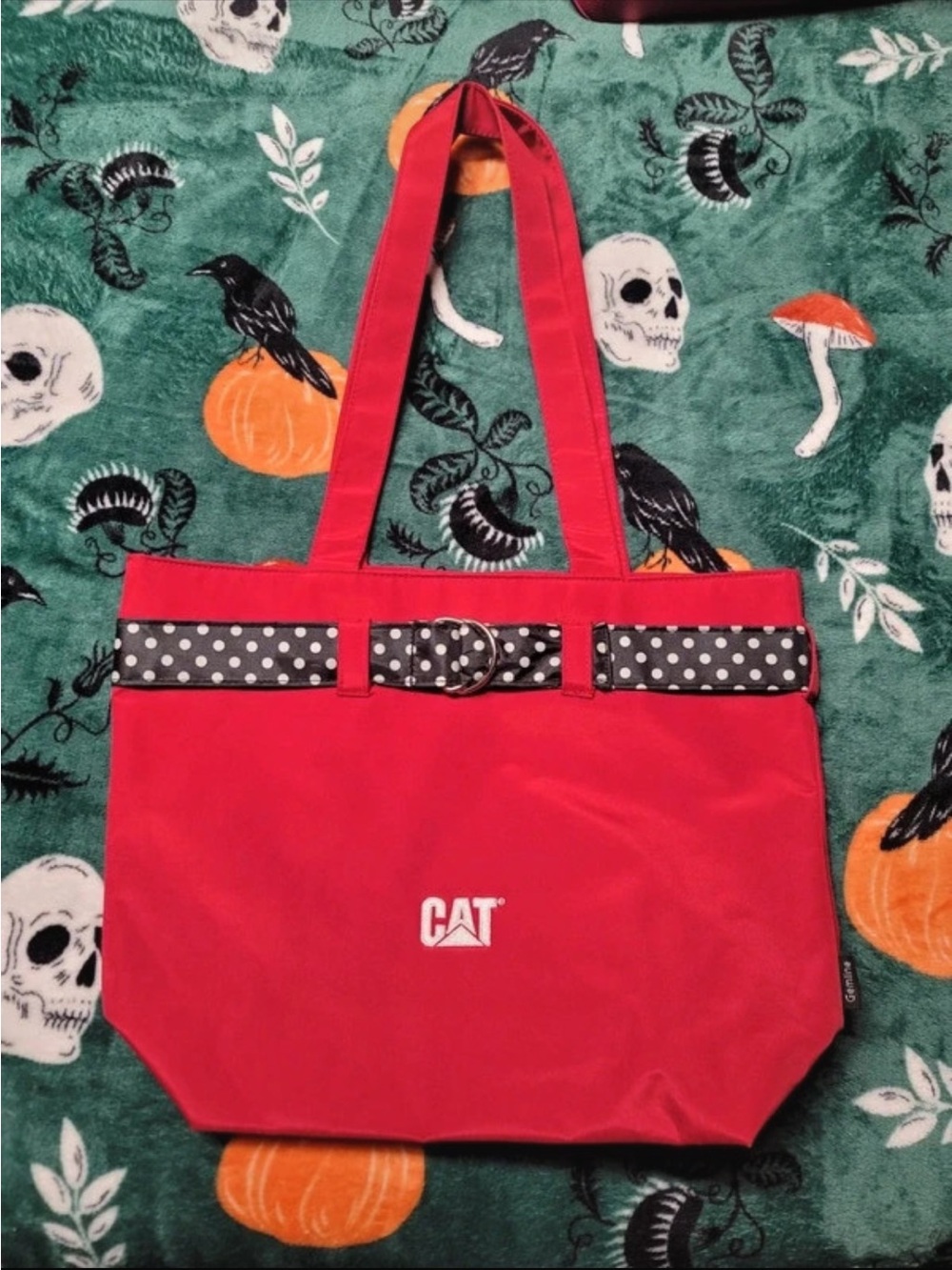 CAT Red Canvas Tote with Polka-Dot Accent